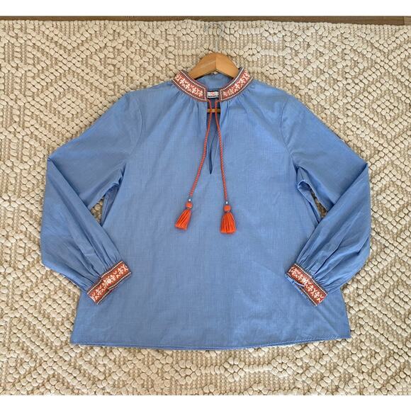 CK Bradley Norway Blouse Chambray Tassel Embroidered Collar Medium - Picture 5 of 8